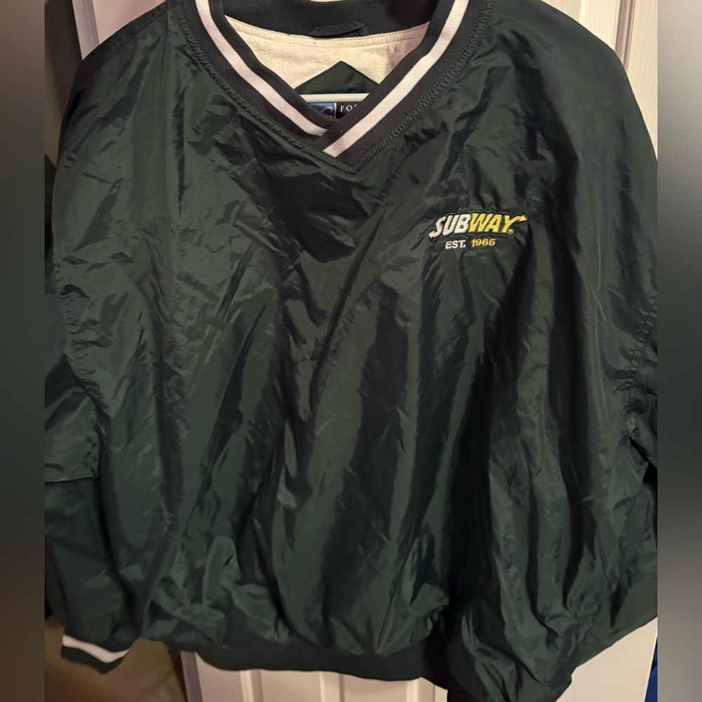 XL Vintage Green Cotton Lined Subway Sandwich Employee Windbreaker Pullover Y02K